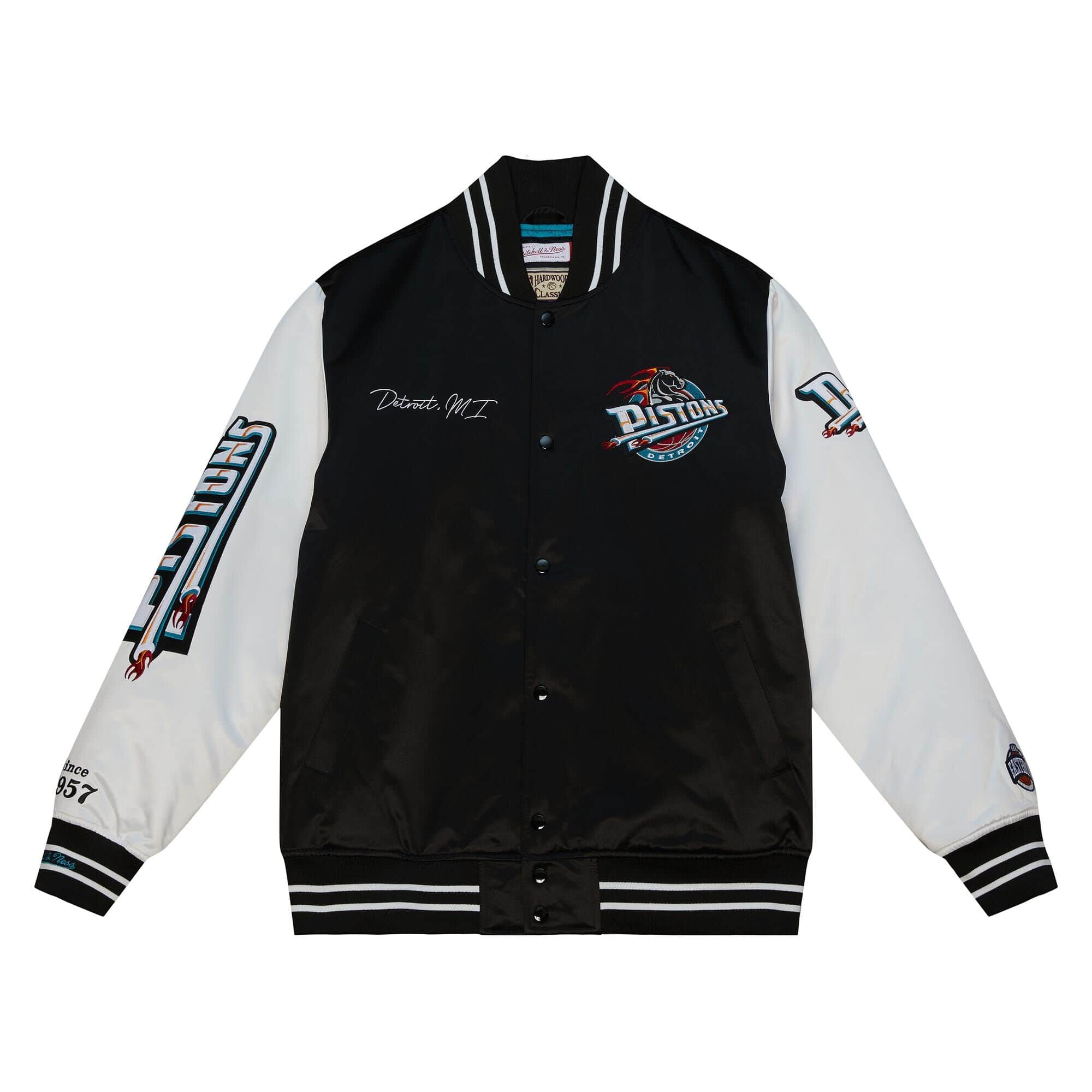 Detroit Pistons Team Origins Black & White Satin Varsity Jacket