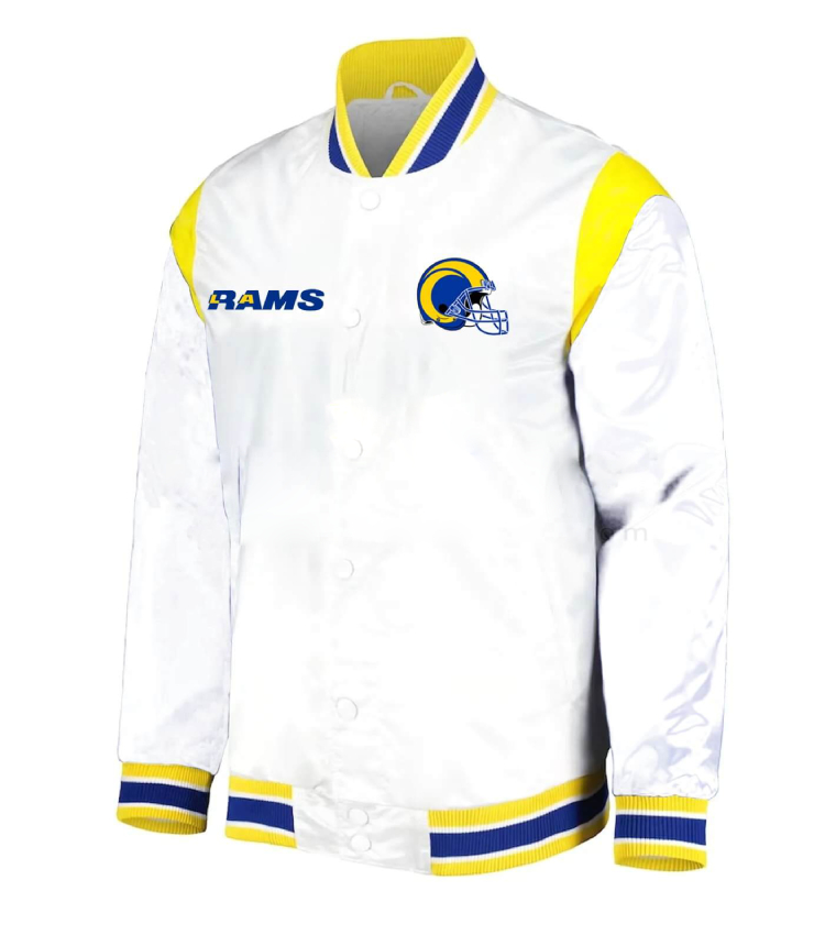 NFL LA Rams Football Team White Satin Varsity Jacket