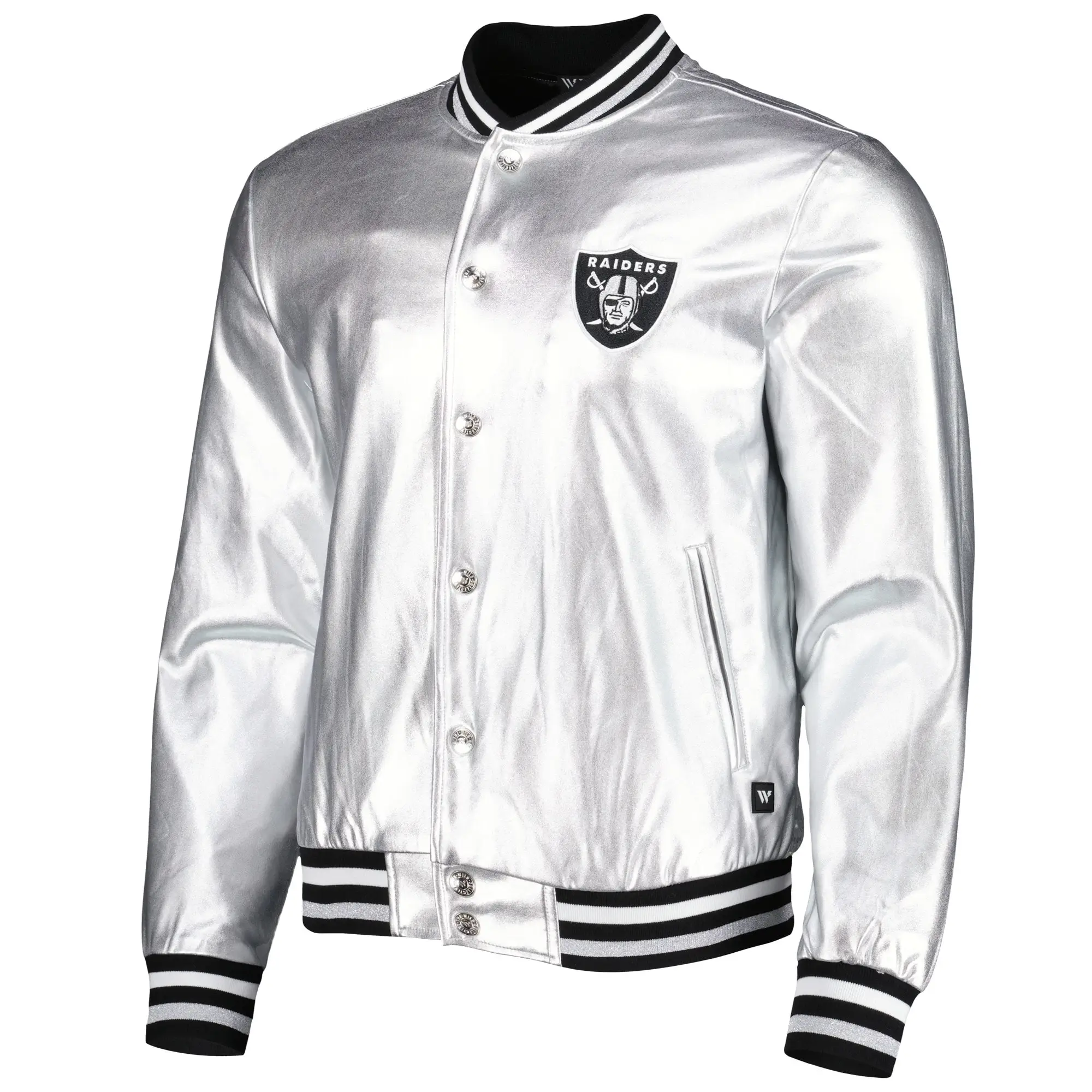 NFL Las Vegas Raiders The Wild Collective Metallic Silver Bomber Jacket