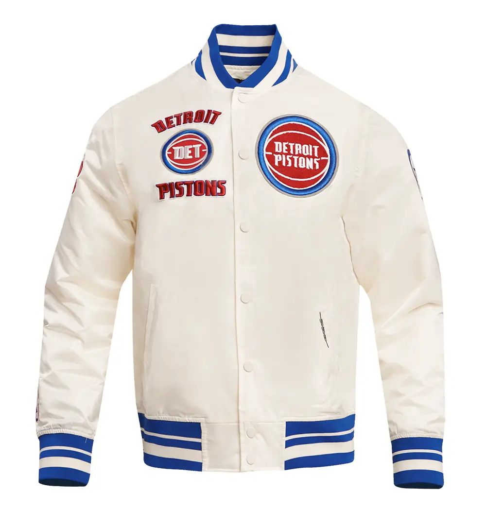 Detroit Pistons Retro Classic Rib Cream Satin Varsity Jacket