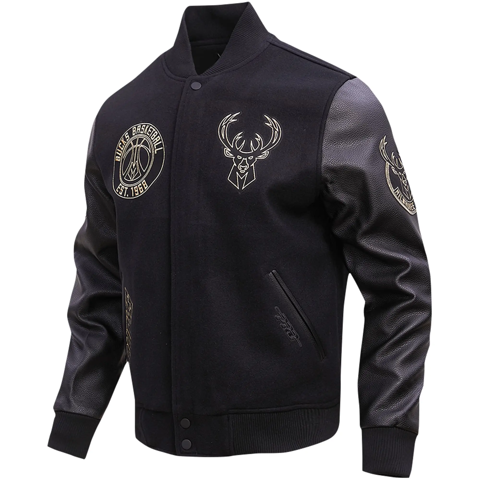 Milwaukee Bucks Pro Standard Black Gold Stitch Wool & Leather Varsity Jacket