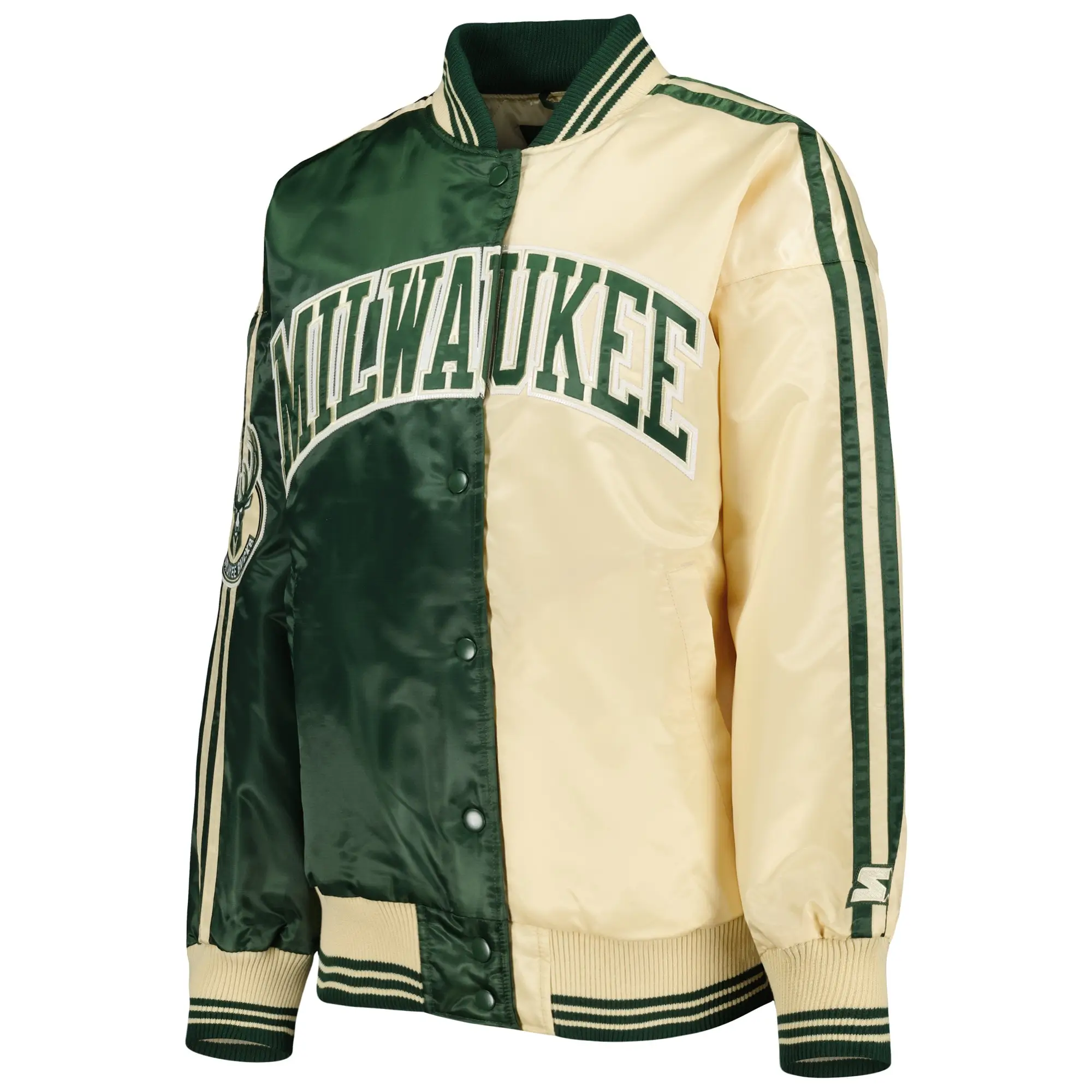 Milwaukee Bucks Starter Hunter Split Green/Cream Color Block Satin Varsity Jacket