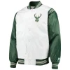 Milwaukee Bucks Starter Renegade White & Hunter Green Satin Varsity Jacket