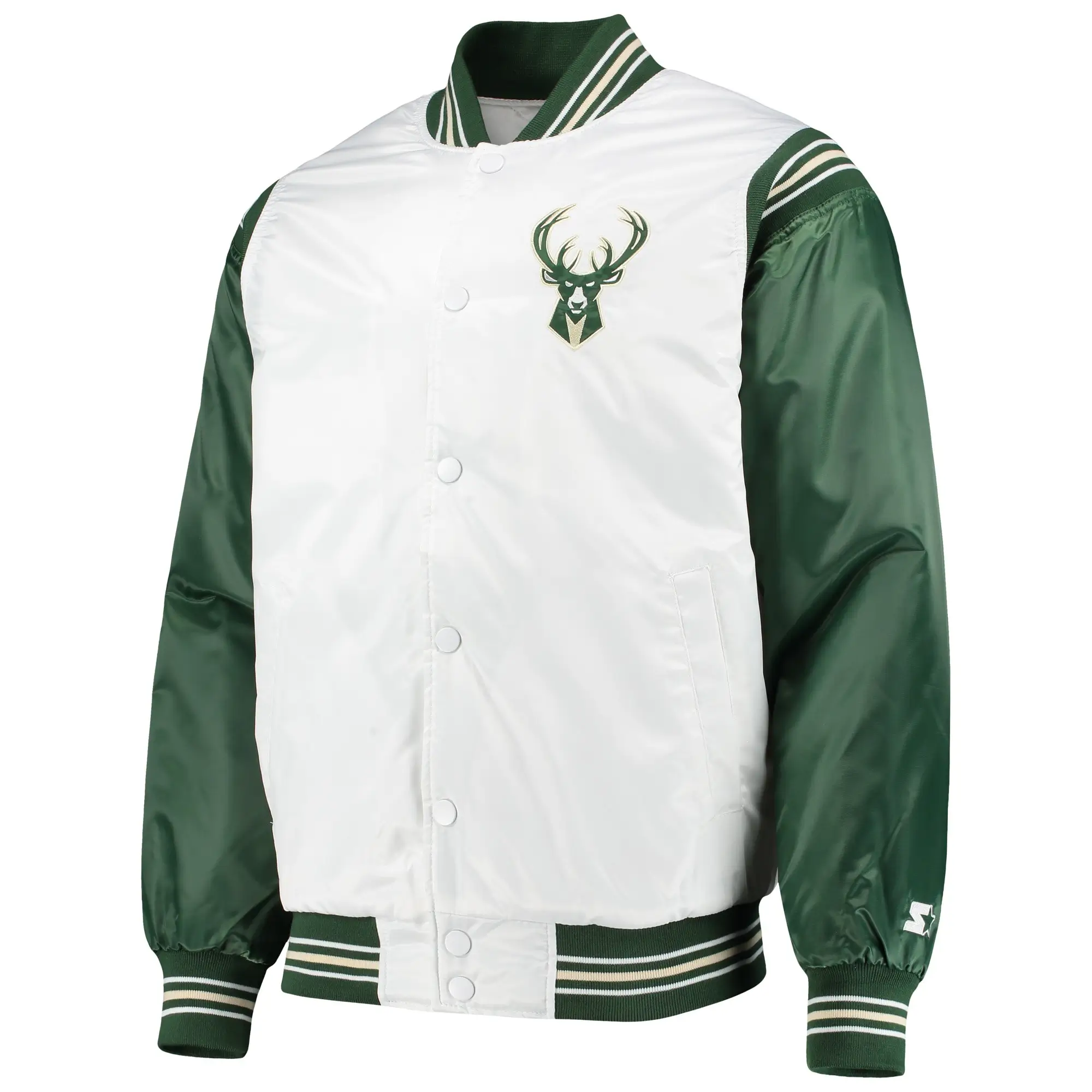 Milwaukee Bucks Starter Renegade White & Hunter Green Satin Varsity Jacket