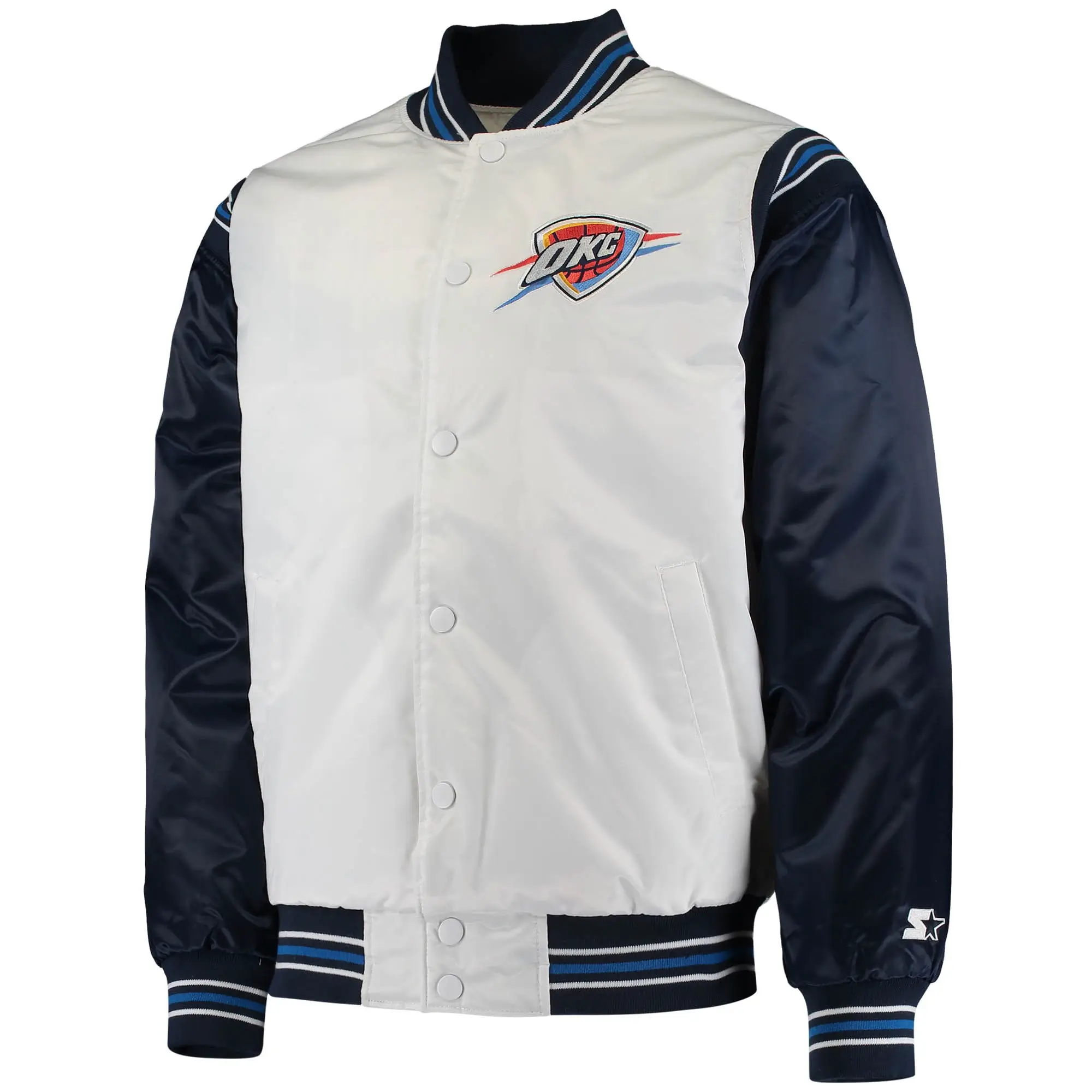 Oklahoma City Thunder Starter Renegade Full-Snap White & Navy Satin Varsity Jacket