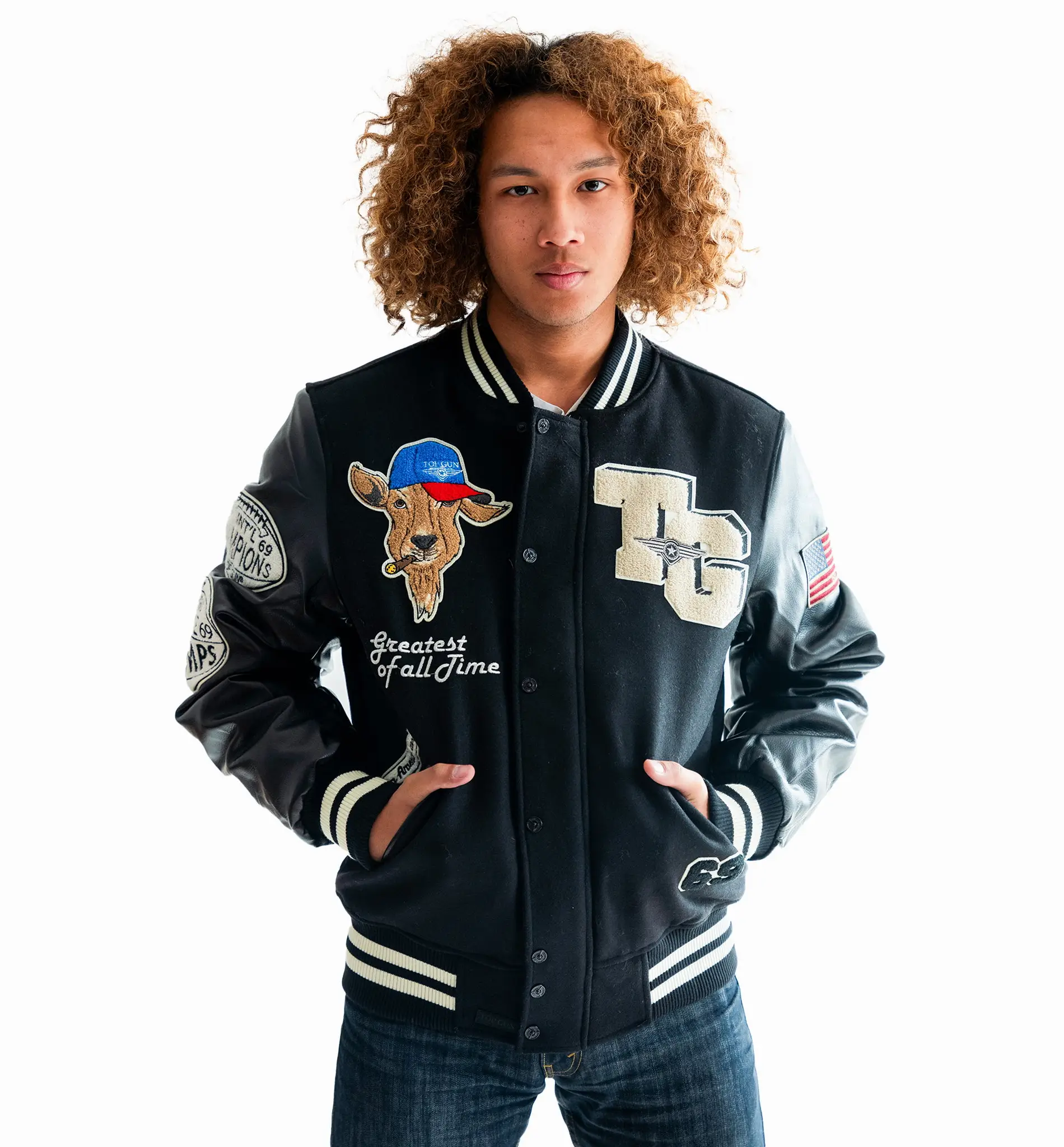 Top Gun Goat Patch Black Wool & Leather Varsity Jacket