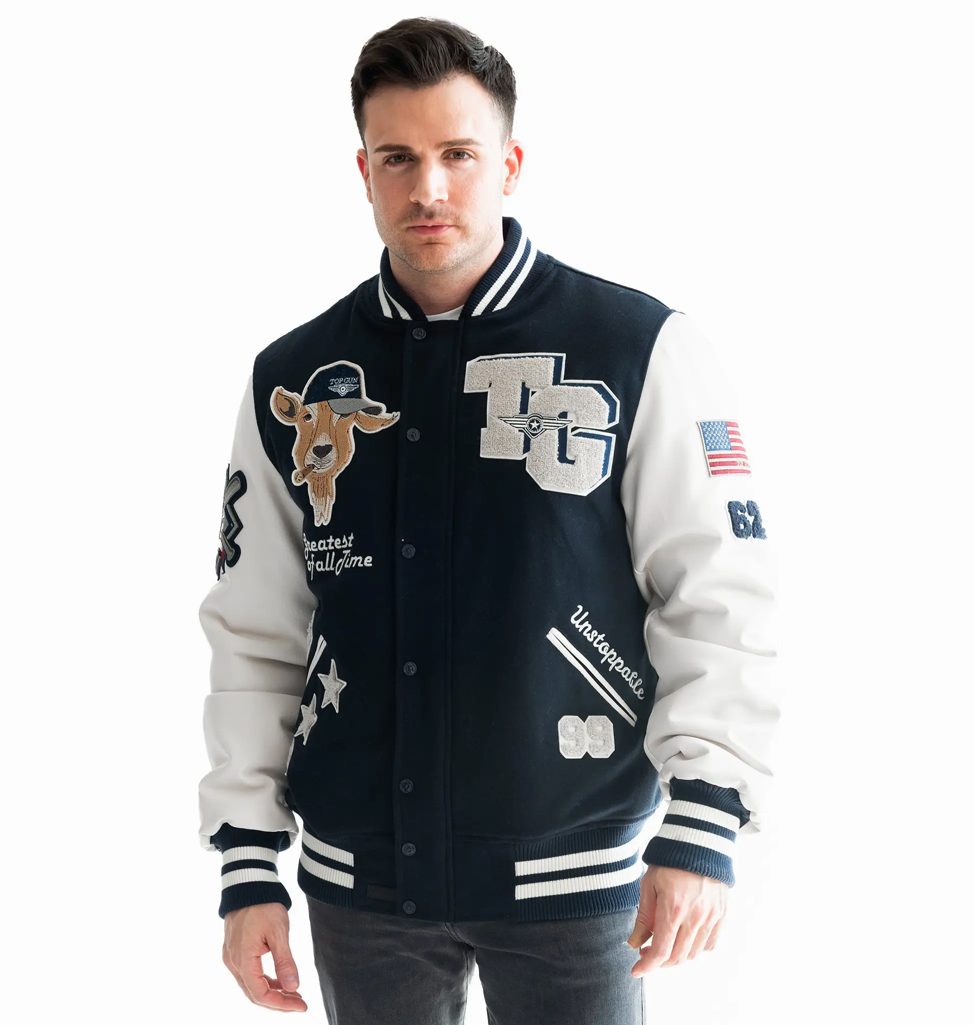 Top Gun The Goat Patch Navy/White Wool & Leather Varsity Jacket