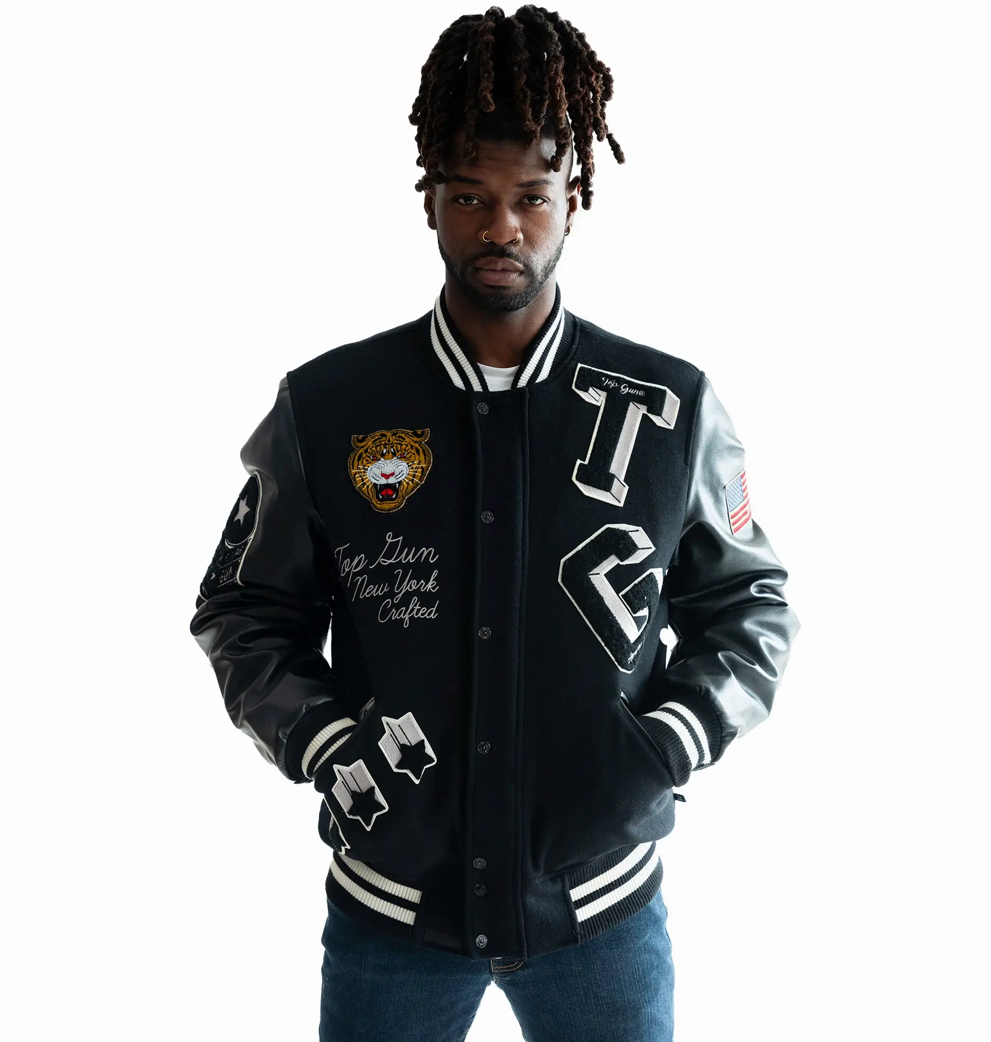 Top Gun Tiger Patch Black Wool & Leather Varsity Jacket