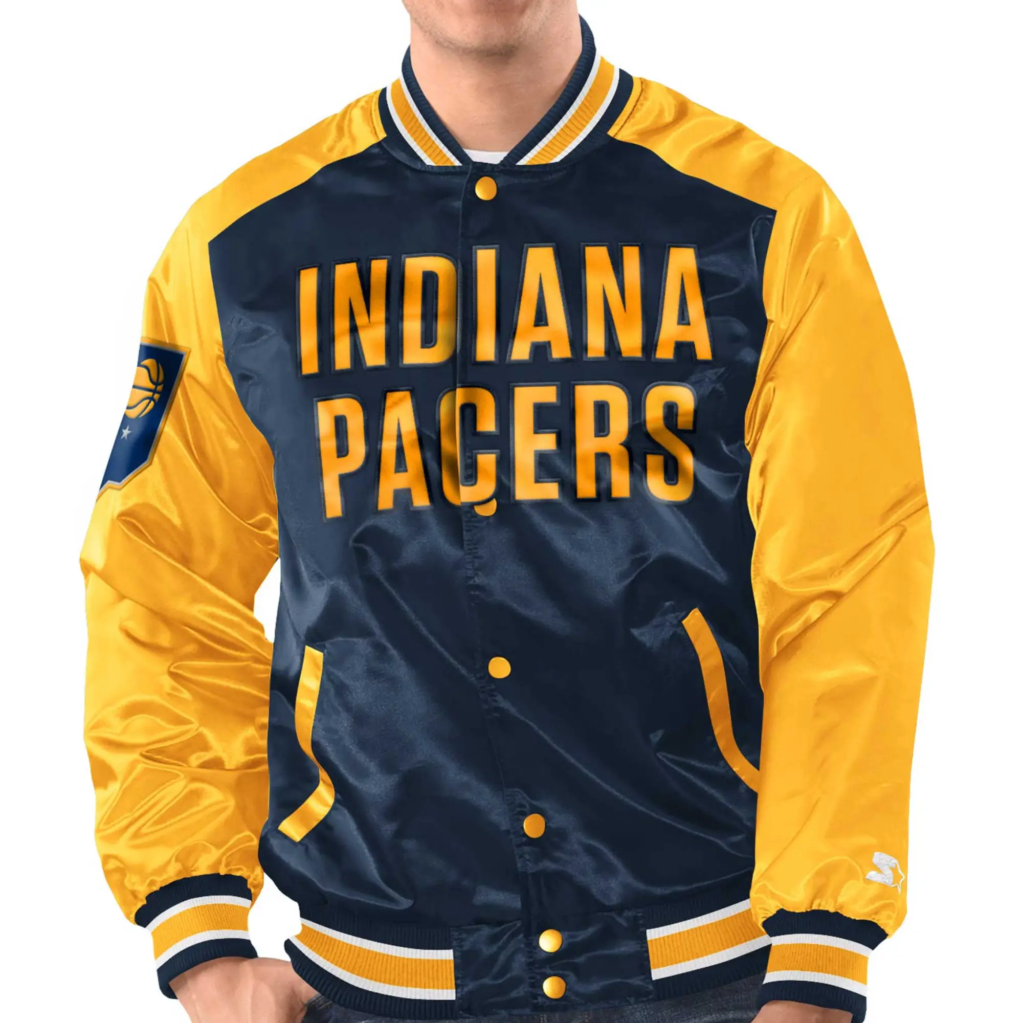 Indiana Pacers Satin Varsity Jacket Navy & Gold