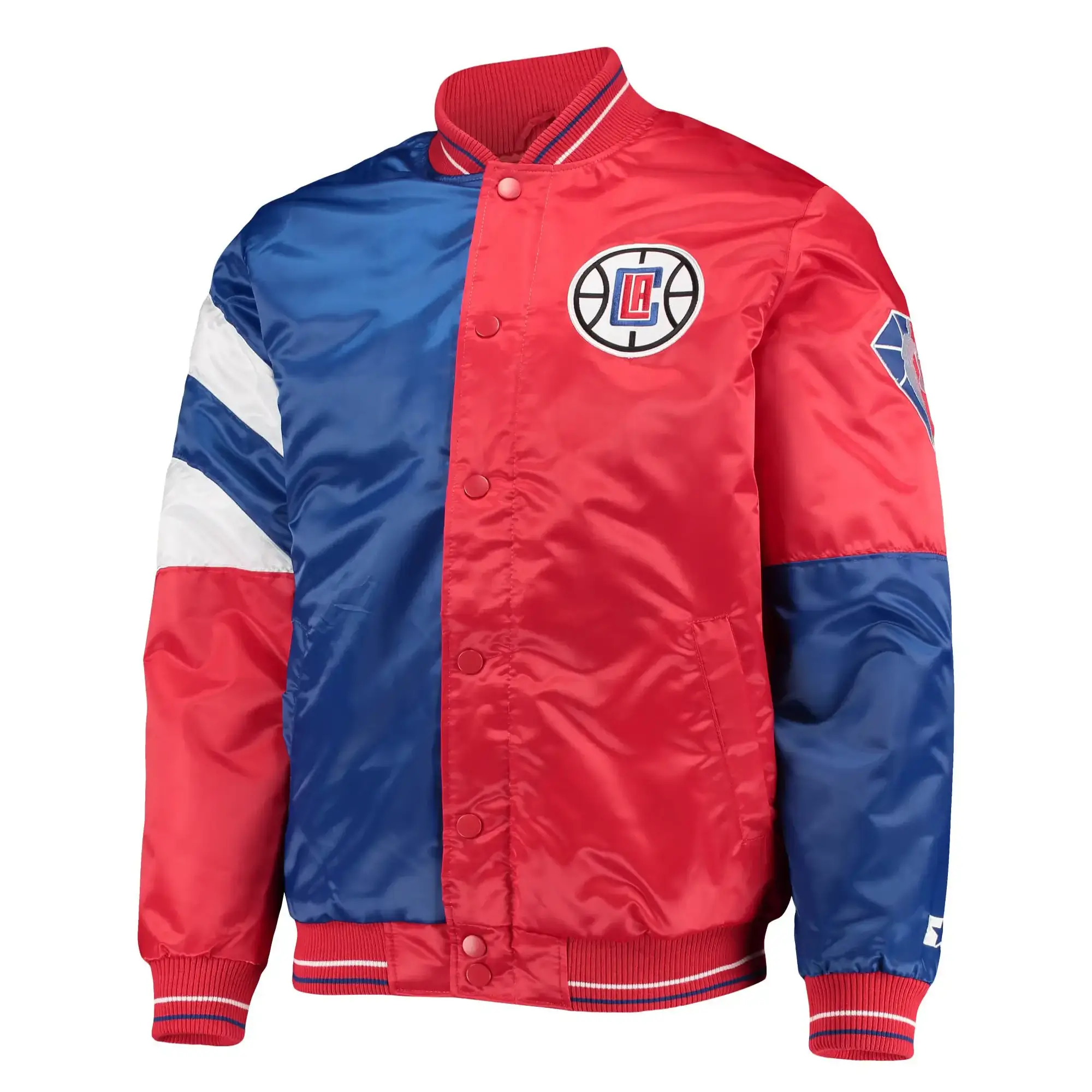 LA Clippers Starter 75th Anniversary Leader Royal/Red Color Block Full-Snap Satin Varsity Jacket