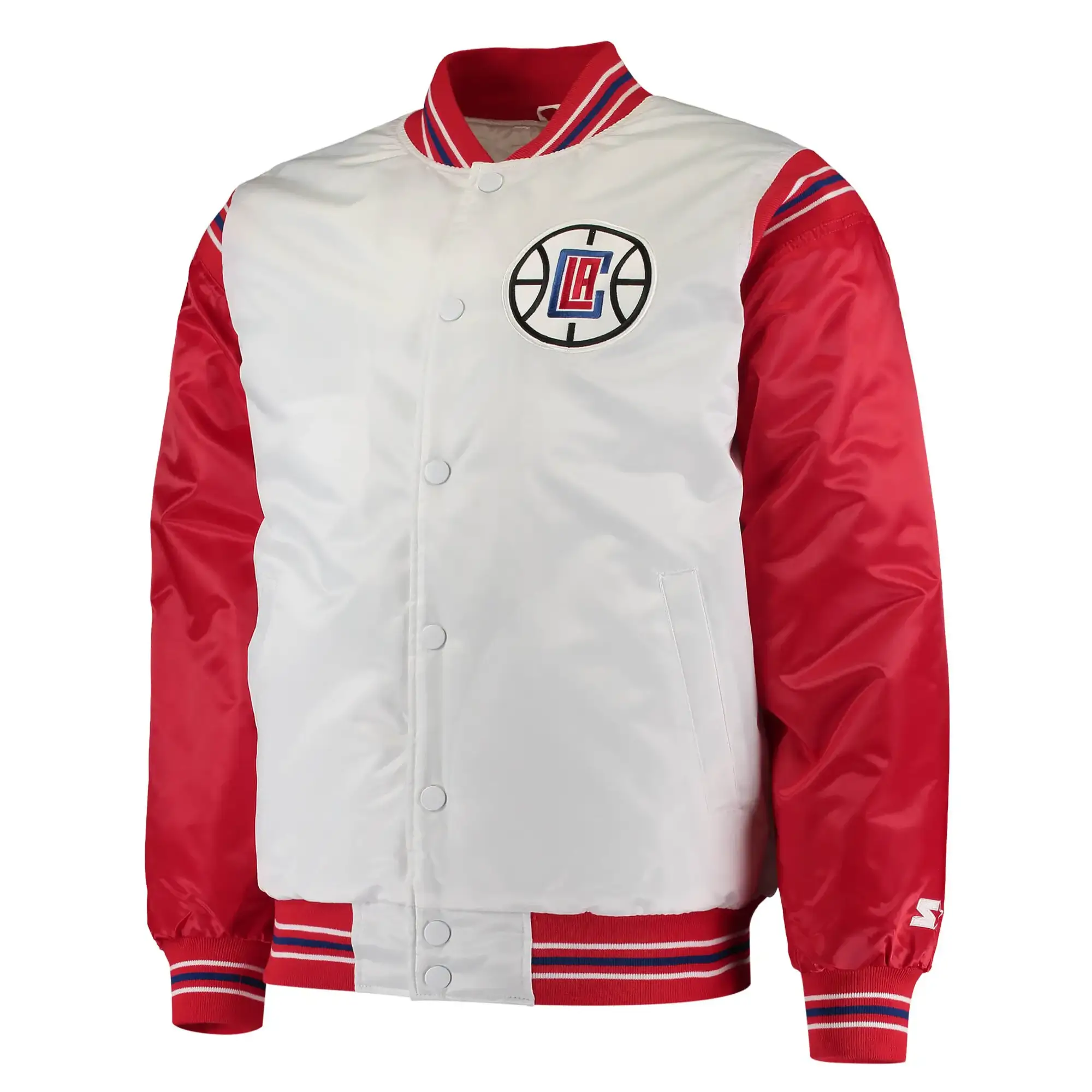 LA Clippers Starter Renegade Full-Snap White & Red Satin Varsity Jacket