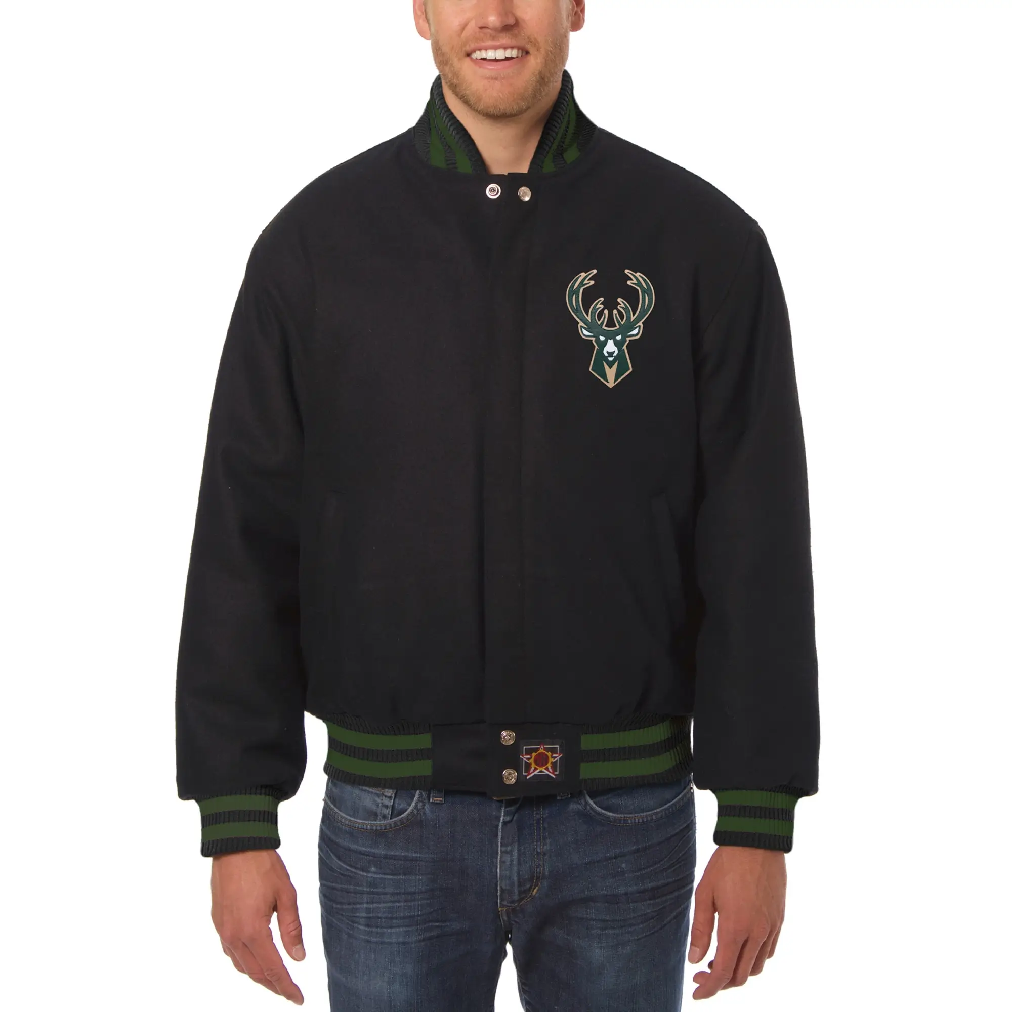 Milwaukee Bucks Logo Big & Tall Black Wool Varsity Jacket