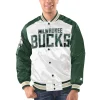 Milwaukee Bucks Starter White/Hunter Green Renegade Satin Varsity Jacket