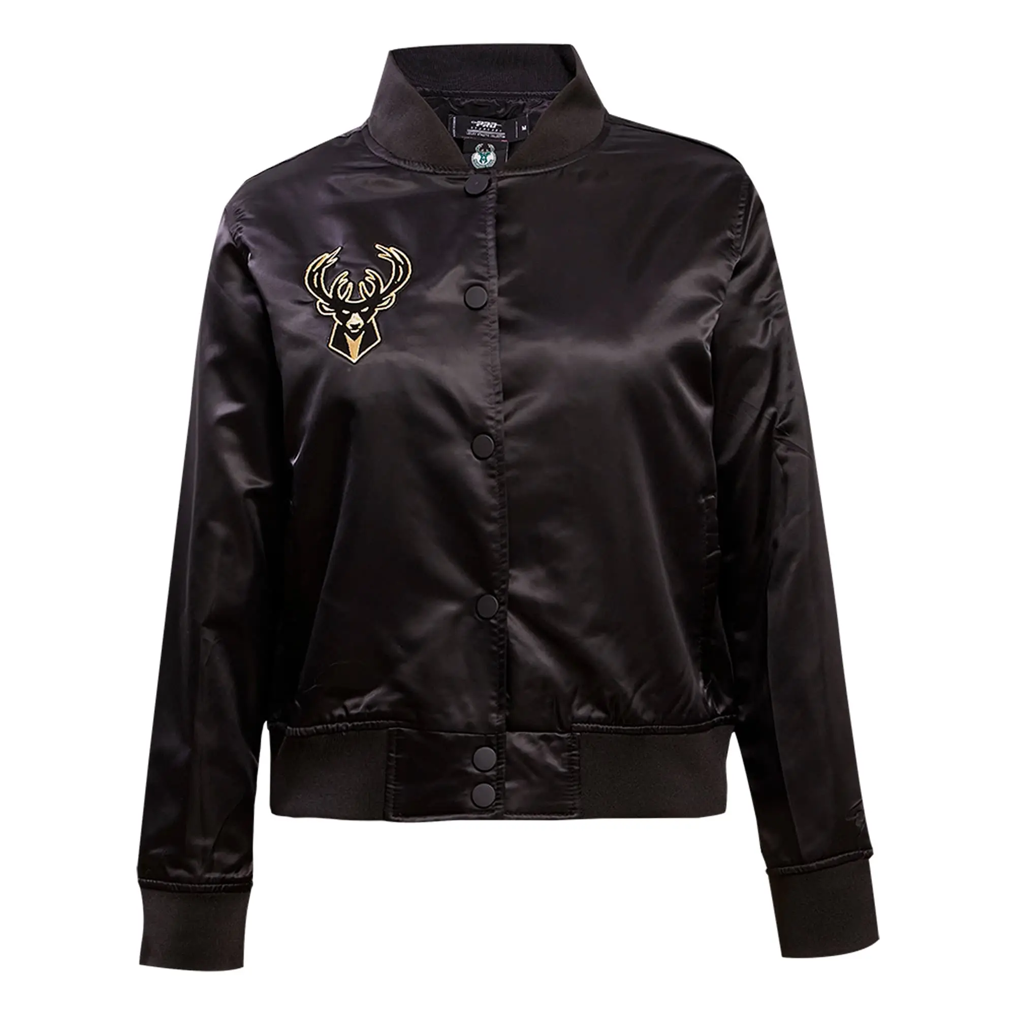 Milwaukee Bucks Women's Pro Standard Black Glam Satin Varsity Jacket
