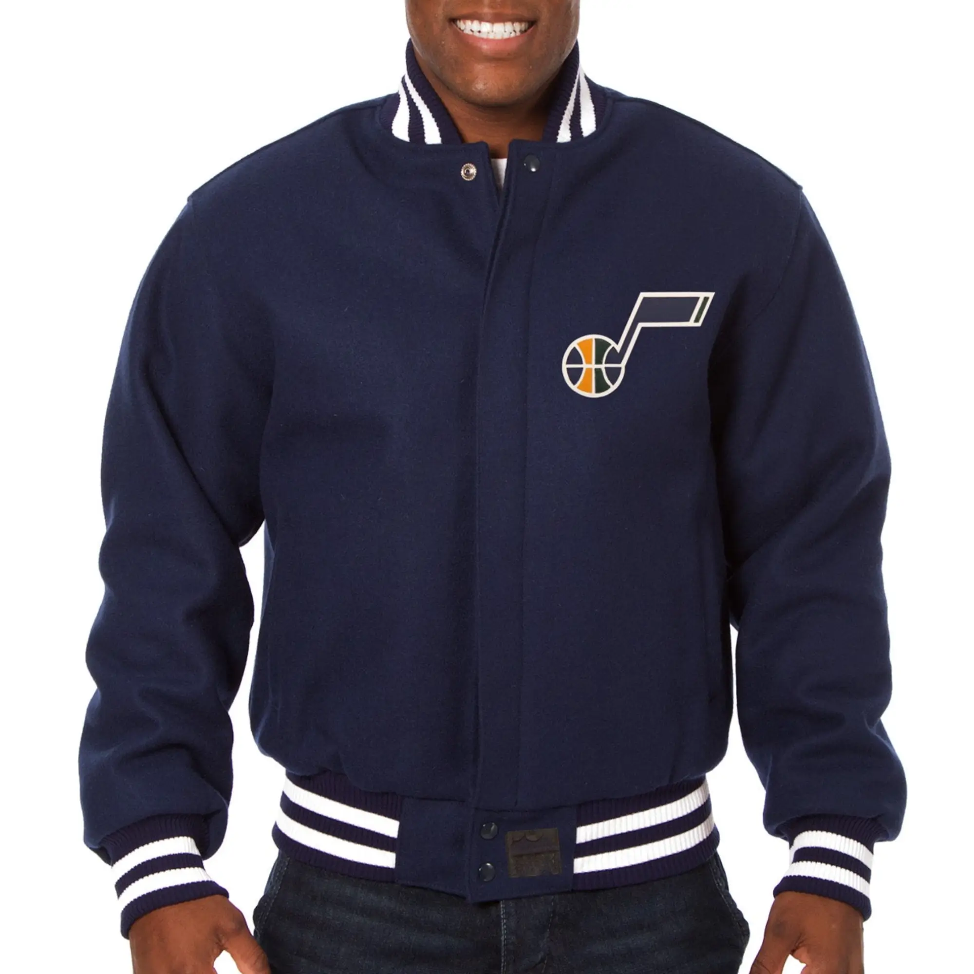 Utah Jazz Navy Wool Varsity Jacket Button & Zipper Closure